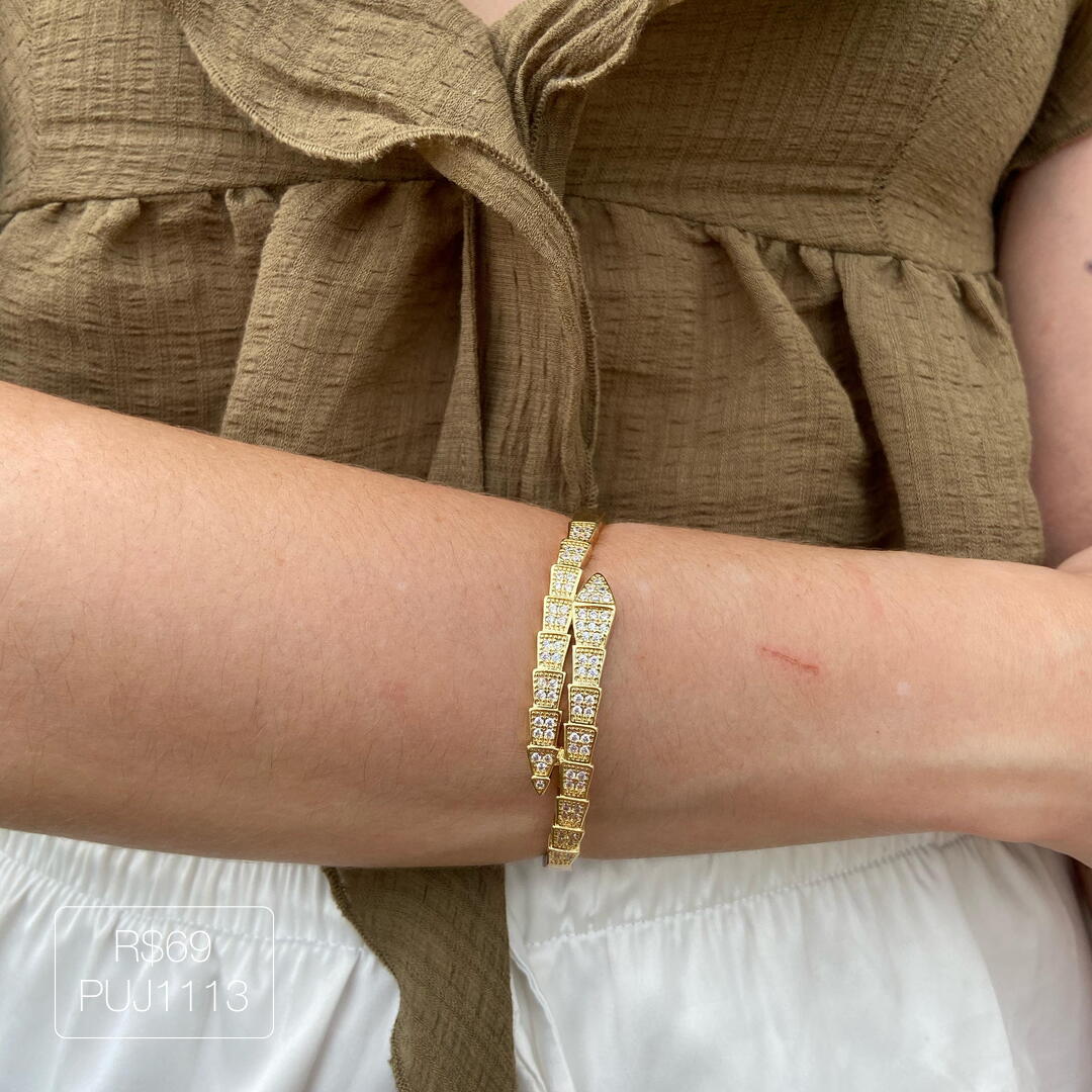 Bracelete Snake Cravejado Cristal Dourado